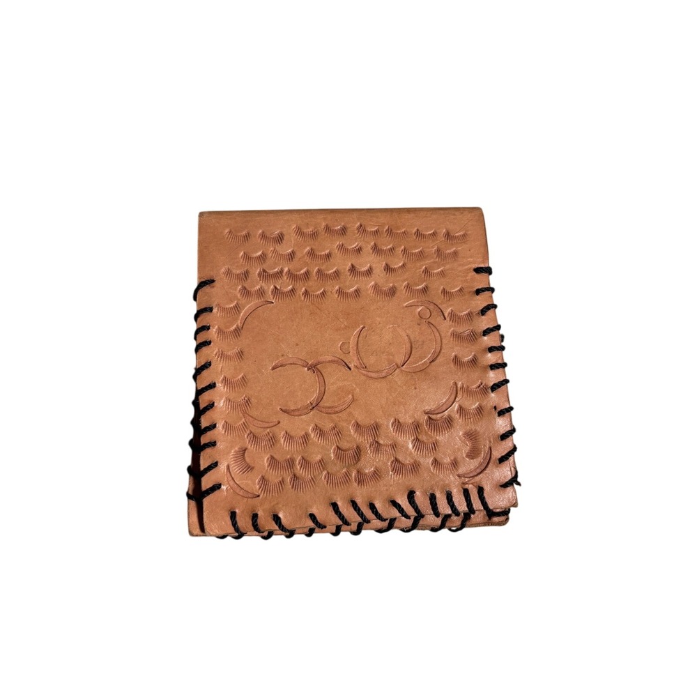 Vintage Handmade Tooled Leather Bifold Wallet Tan Black Whipstitch Moon Design